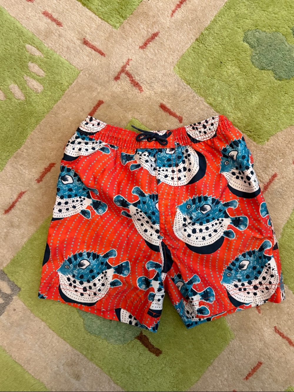 Tea Collection Red Swim Trunks with Blue Puffer Fish Print
